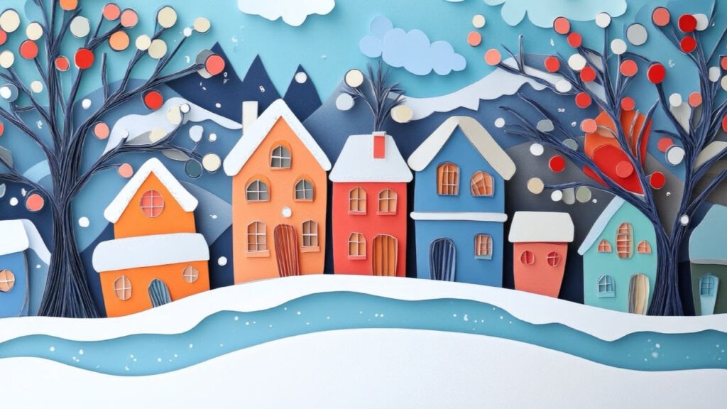Illustrations avec des maisons sous la neige