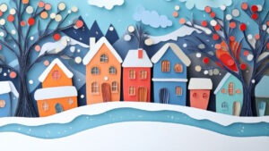 Illustrations avec des maisons sous la neige